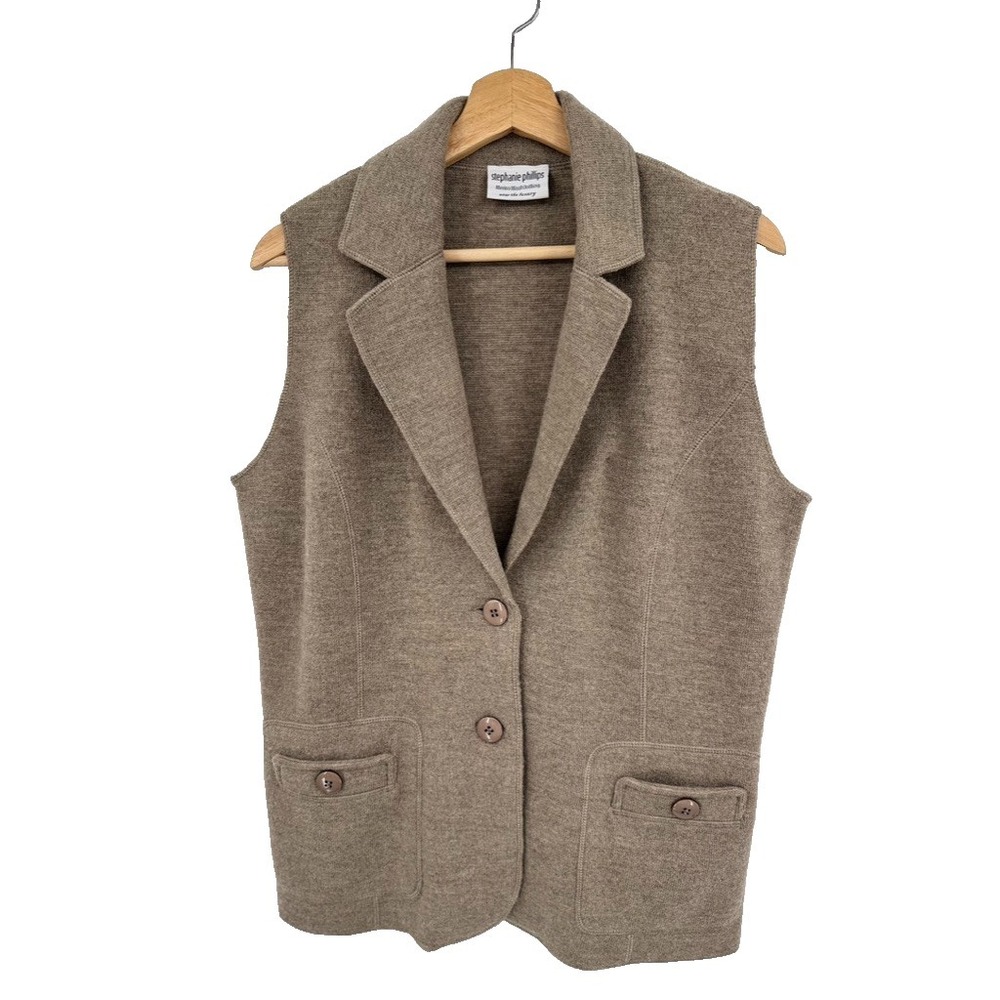 Stephanie Phillips Merino Wool Vest Women's 12 Taupe Button Up Pockets Classic